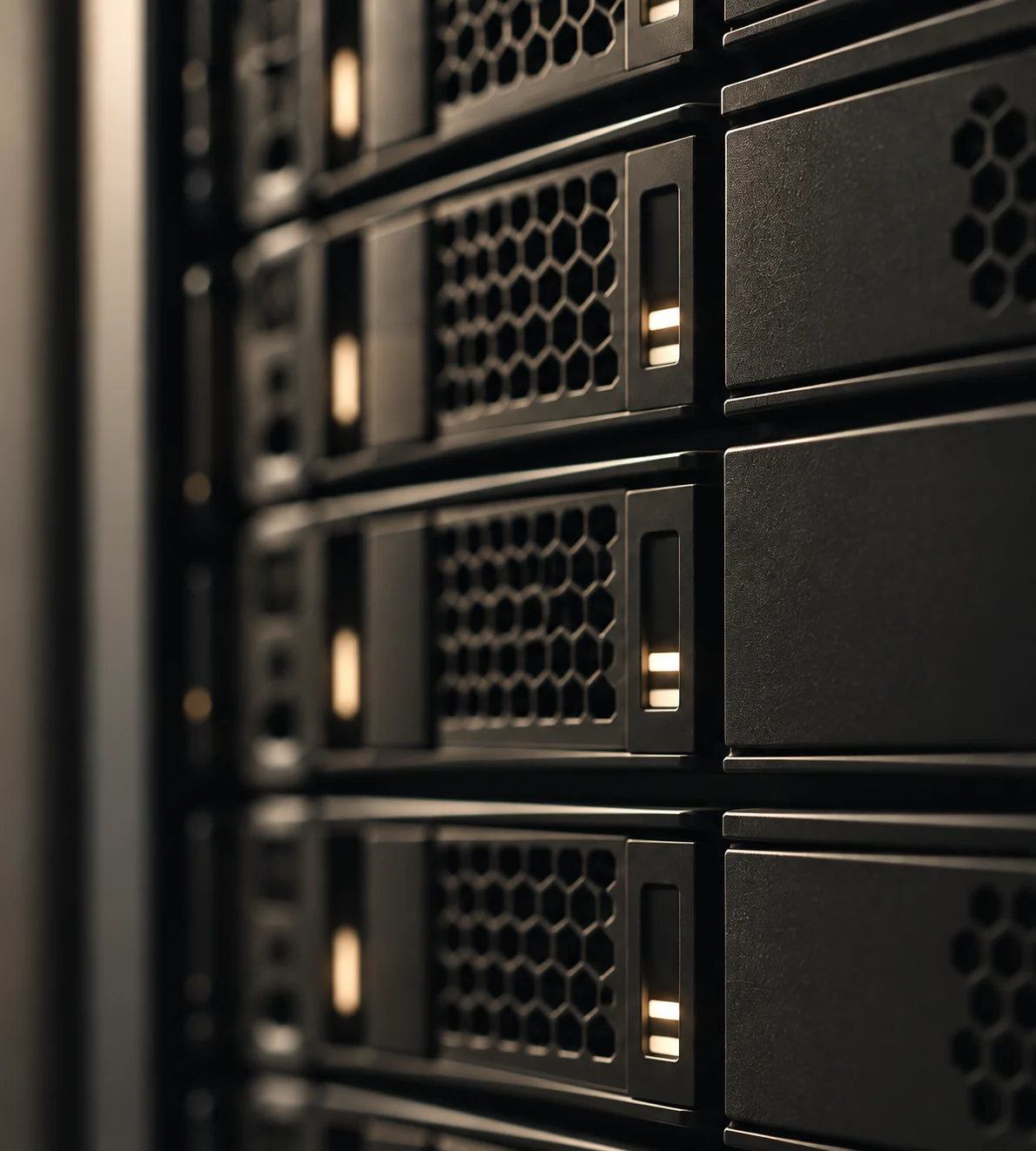 Close-up of rack-mounted storage drive bays in warm machine-room light.